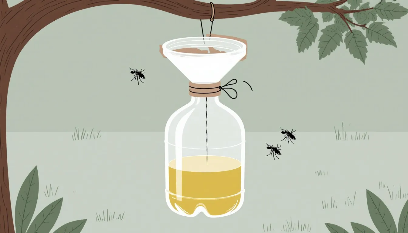 A bottle trap hanging from a branch catching mosquitoes