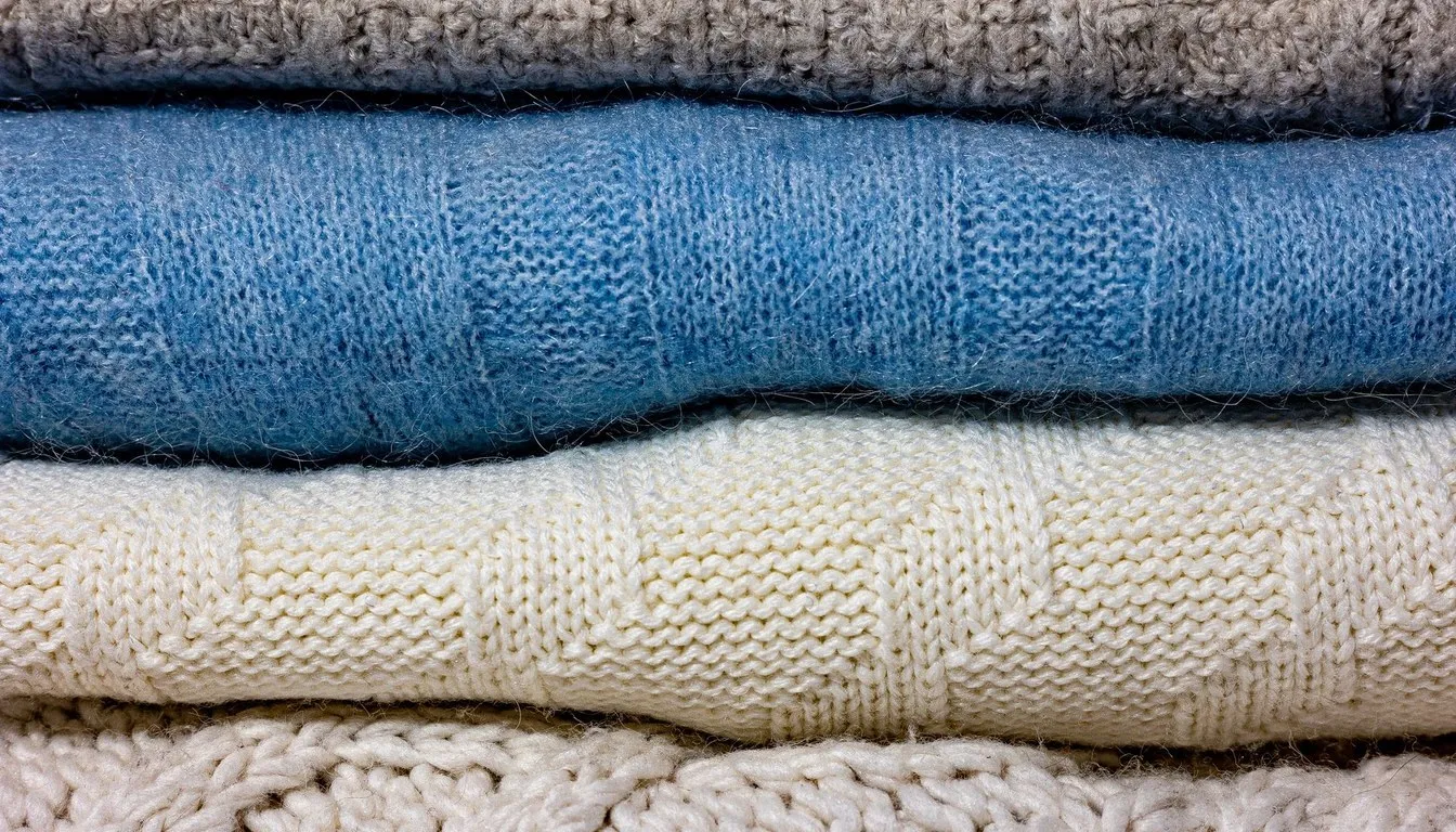 A stack of folded wool sweaters in blue and cream