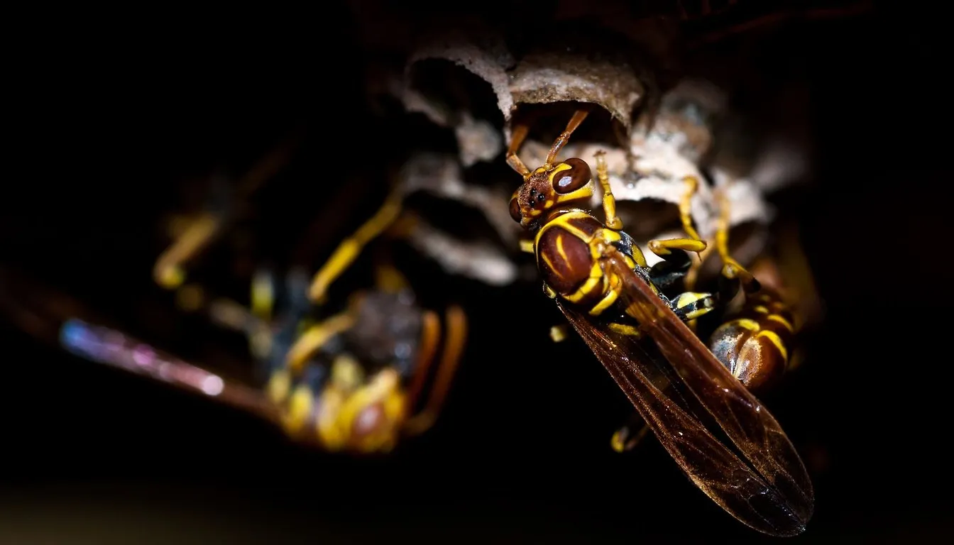 Paper wasp macro in dramatic light