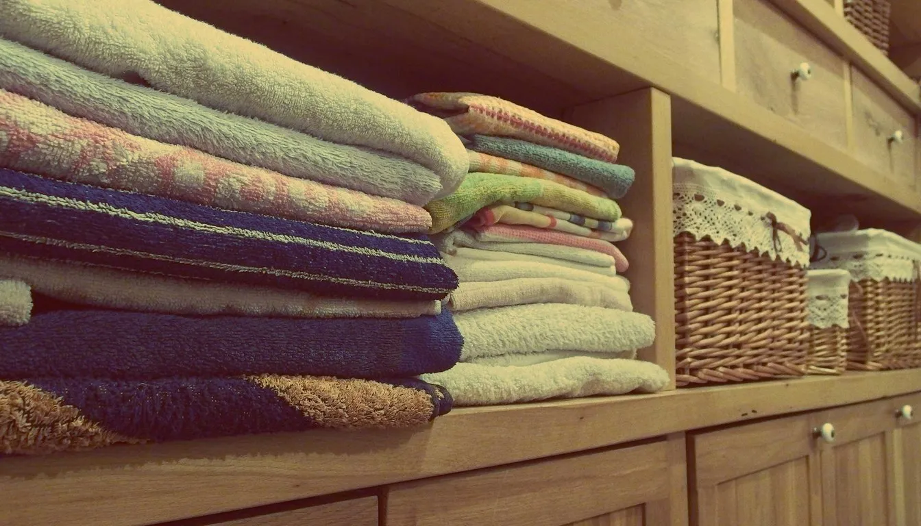 Folded towels and linens on wooden shelves