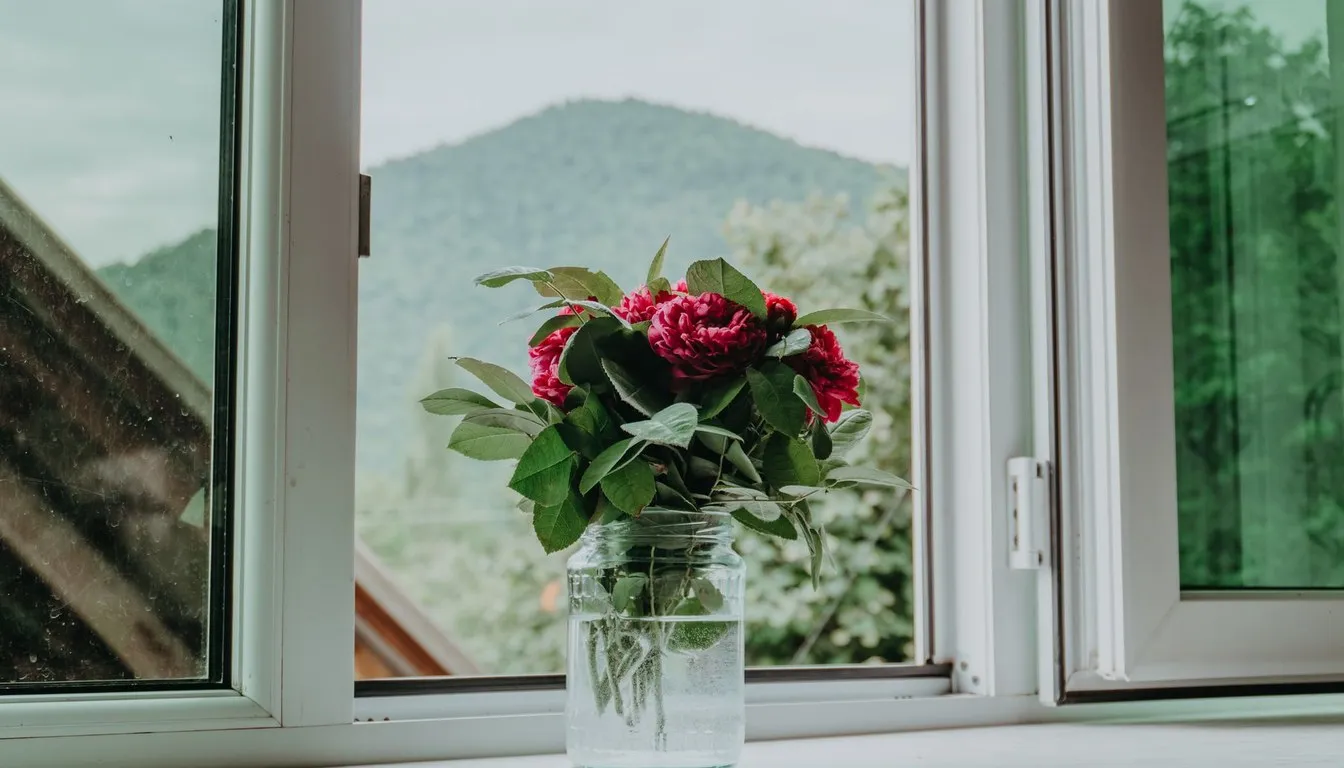 Open window with a vase of flowers airing a room