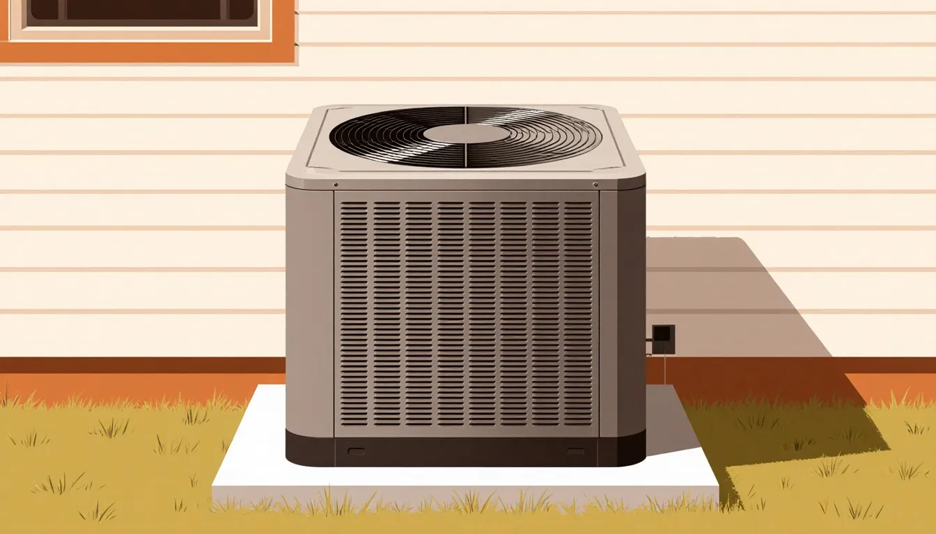 Outdoor air conditioner condenser on a pad beside a house