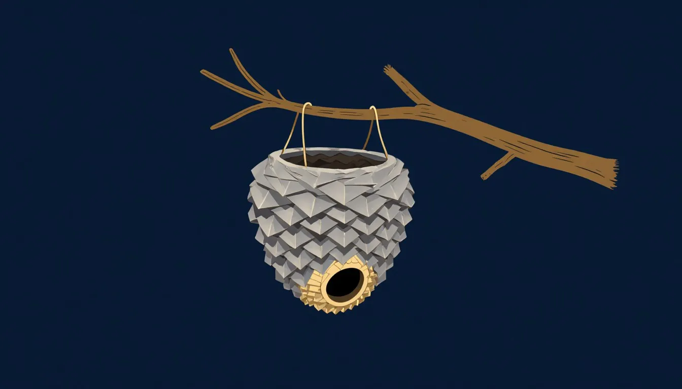 A papery wasp nest hanging from a branch