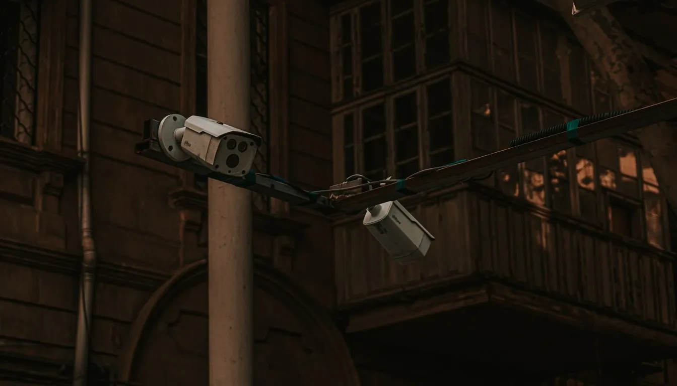 Security cameras mounted on a pole at night