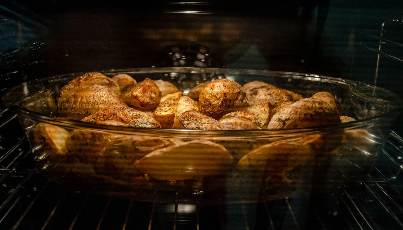 Roast chicken pieces and potatoes baking in a glass dish