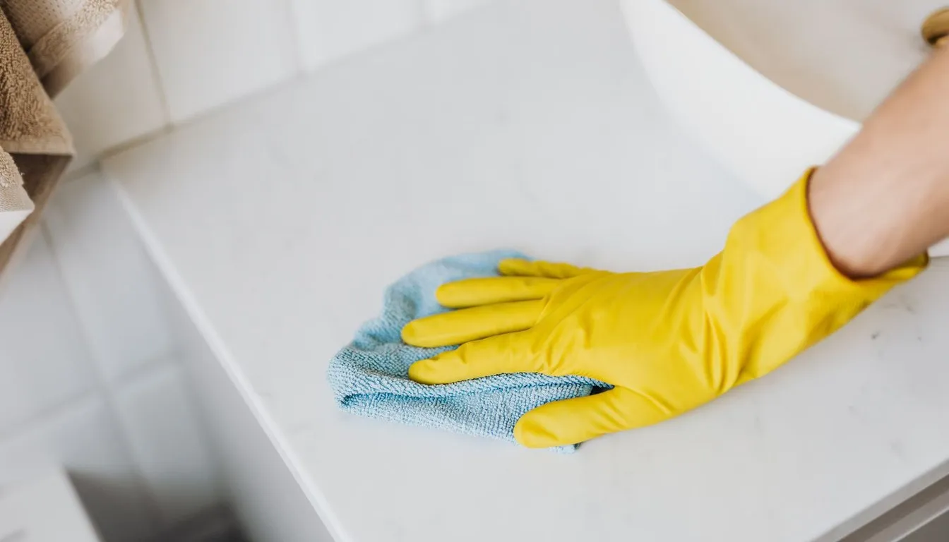 Gloved hand wiping an oven surface with a cloth