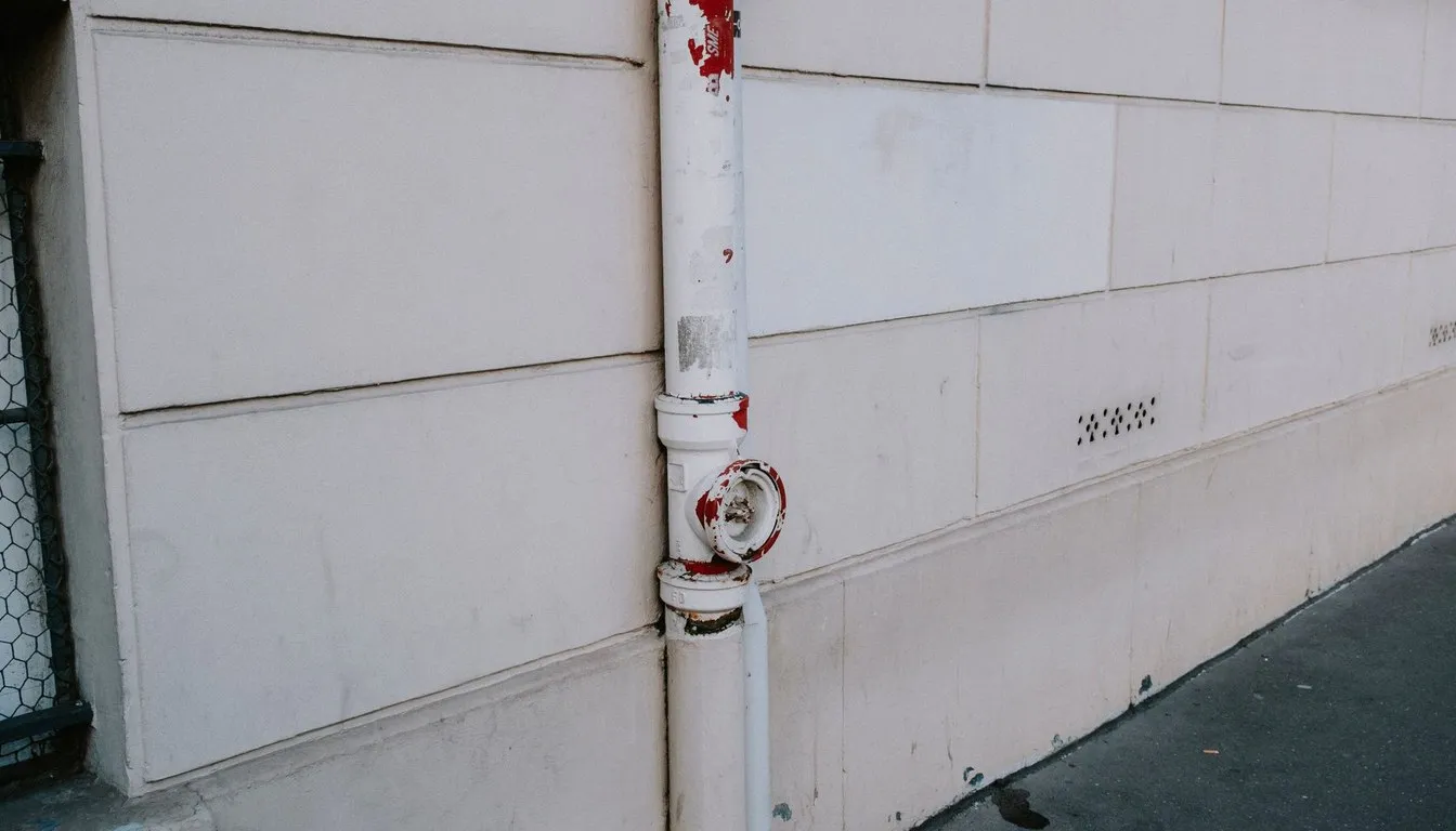Drain pipe running down a white exterior wall