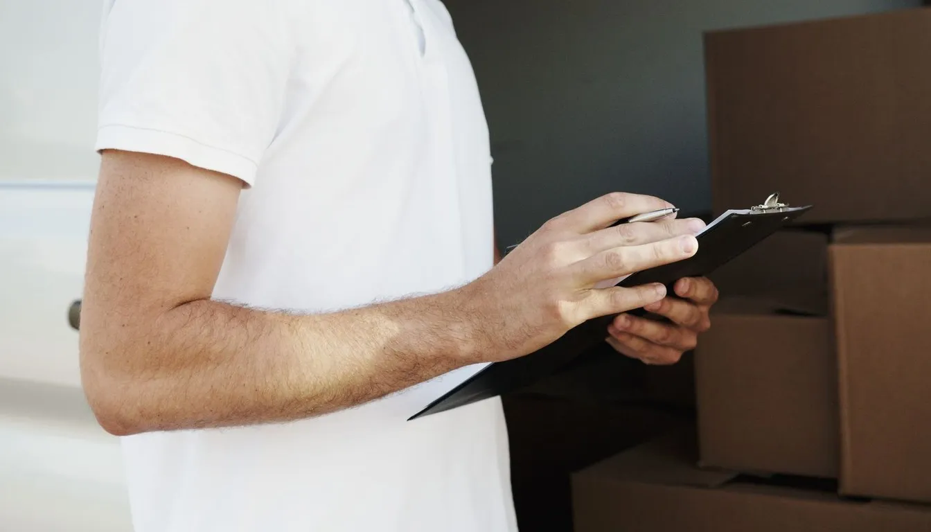Man with a clipboard checking off moving boxes