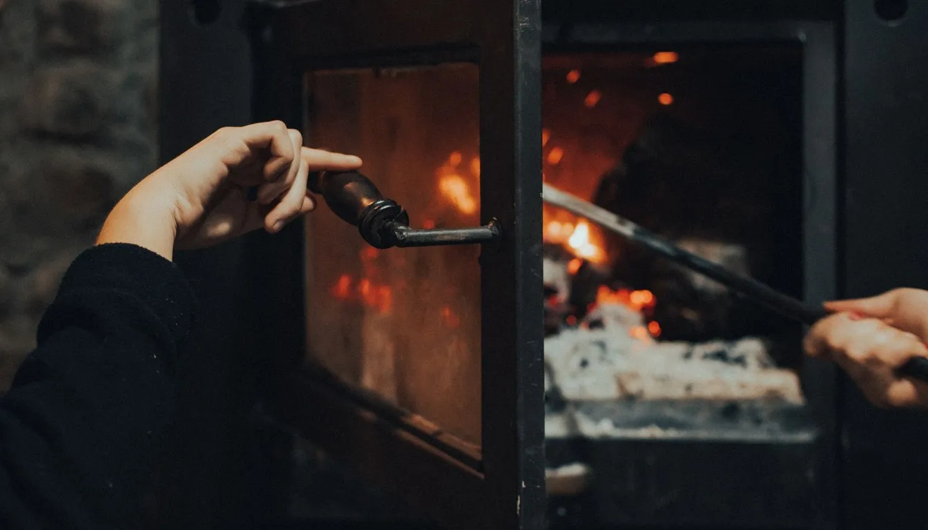 Hands tending a fire in a stove door