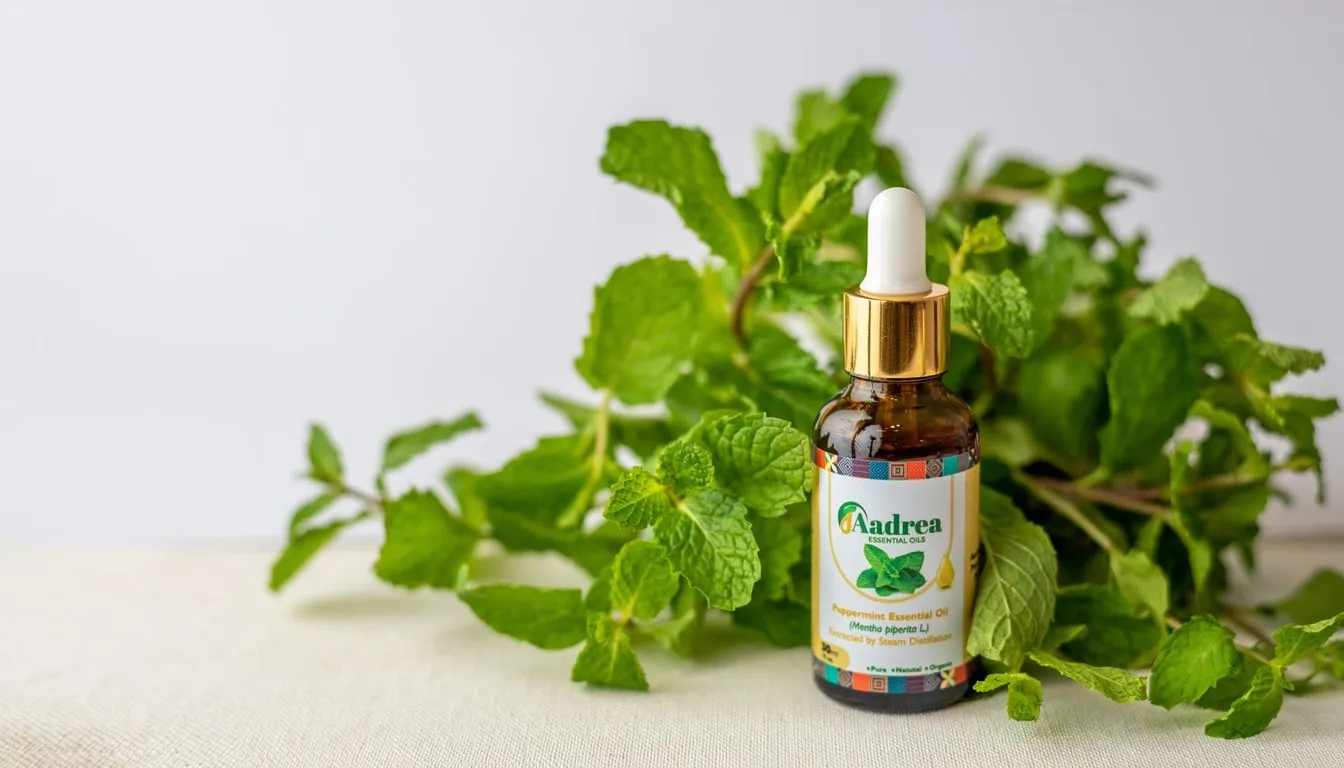 Dropper bottle of peppermint oil with fresh mint