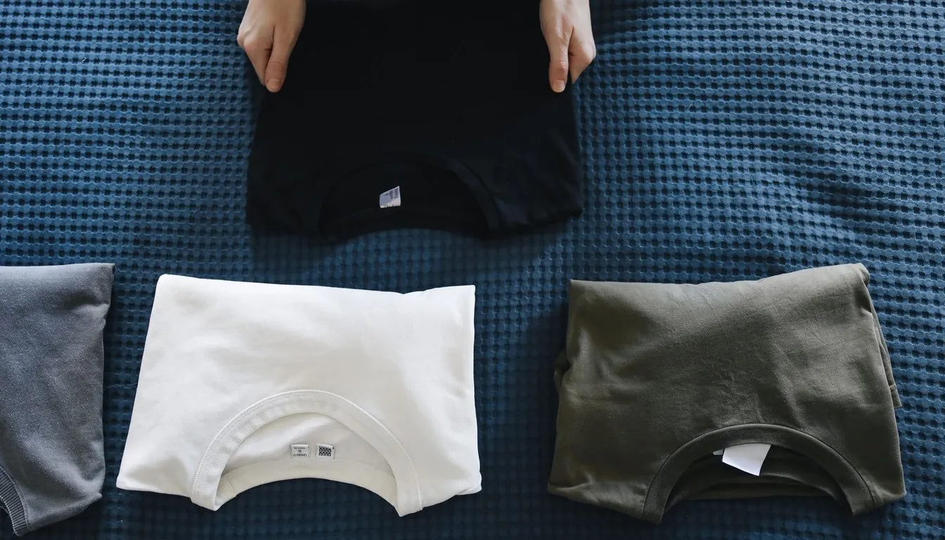 Folded t-shirts laid out on a bed