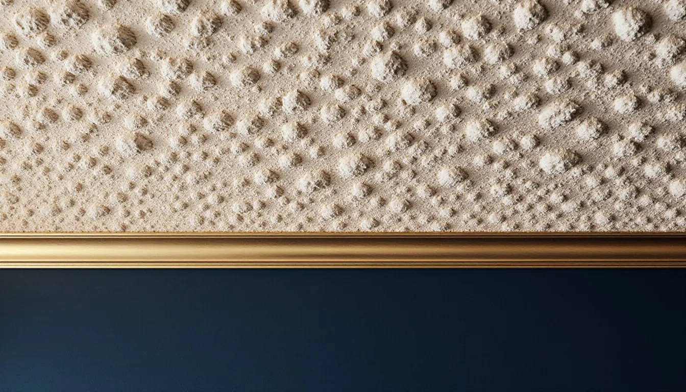 Textured popcorn ceiling above a wall trim line
