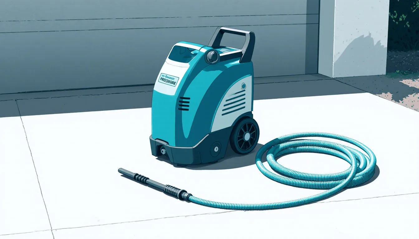 Pressure washer with its coiled hose and spray wand on a driveway