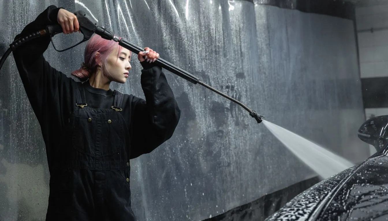 Person spraying with a pressure washer wand