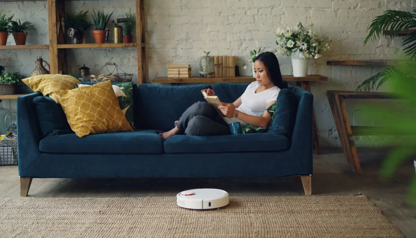 Robot vacuum cleaning while a woman relaxes on the couch