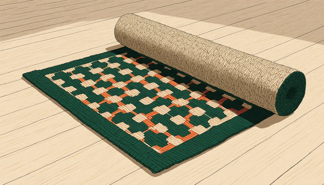 Illustration of a green geometric woven rug half unrolled on a wood floor