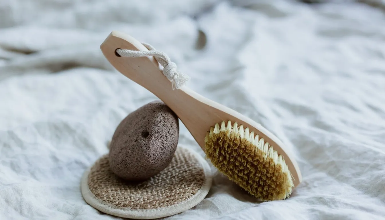 Pumice stone and wooden brush on white bedding