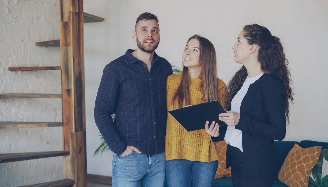 Prospective tenants talking with an agent in an apartment