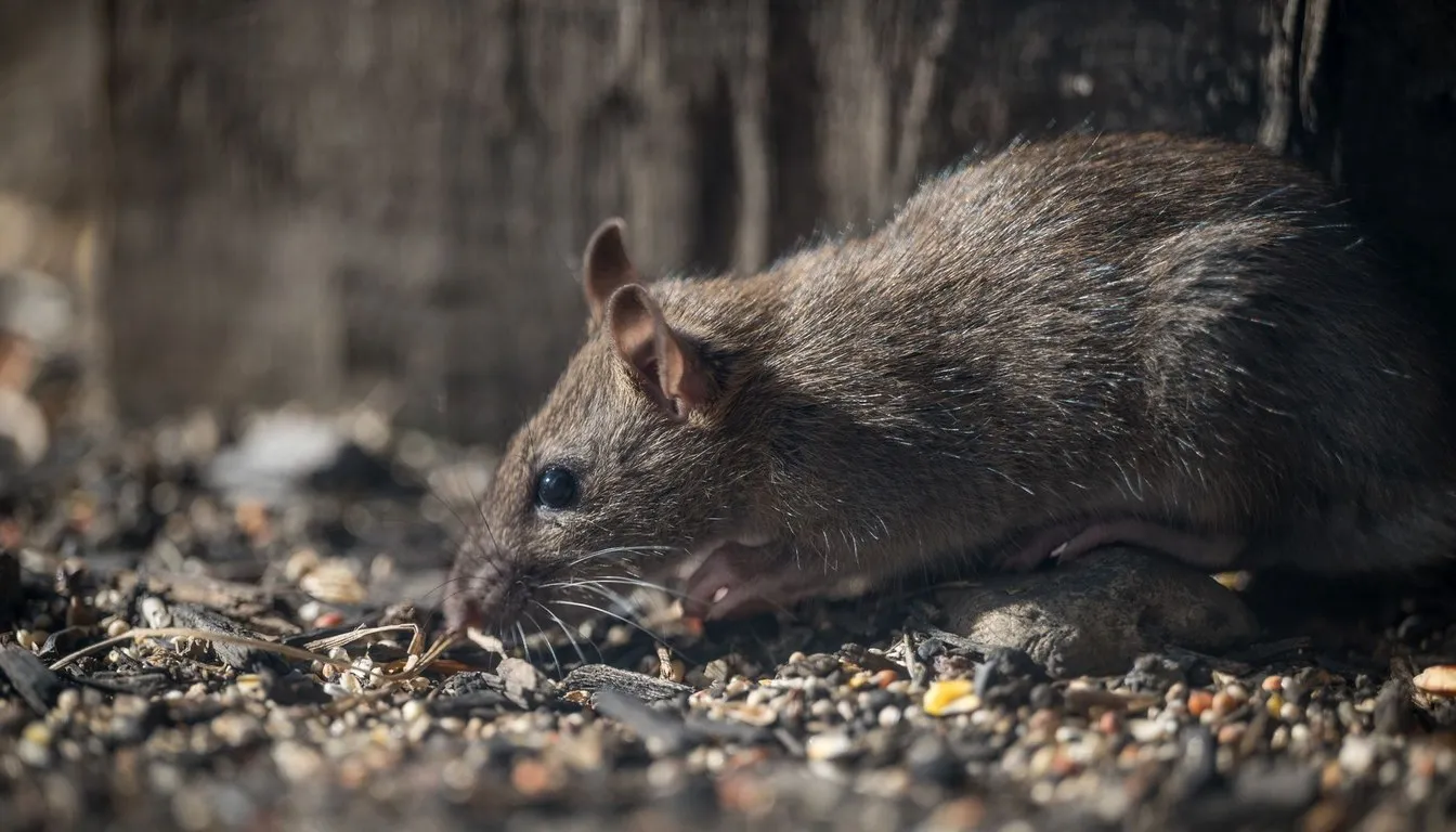 Brown rat foraging on gravel