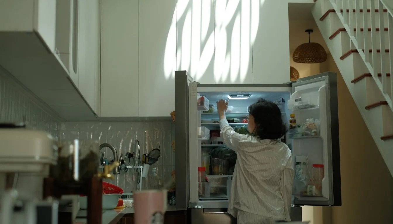Woman reaching into an open refrigerator
