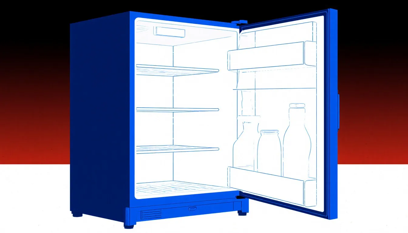 Open refrigerator standing nearly empty