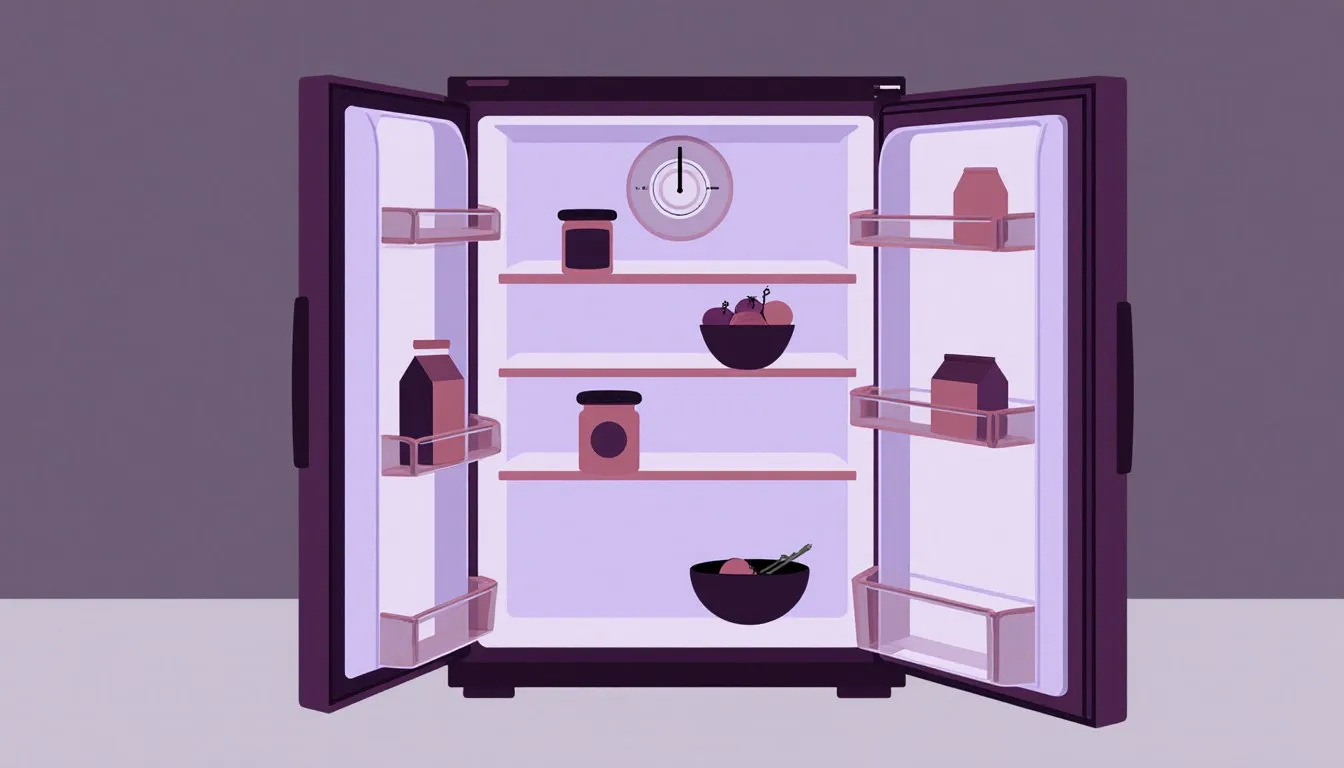 Open refrigerator with a round thermometer on the top shelf