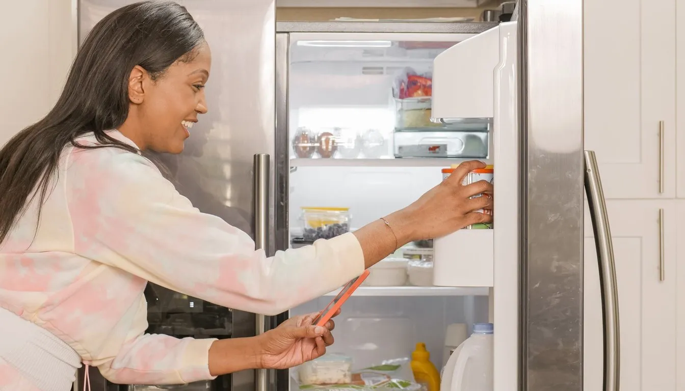 Woman at a stainless refrigerator with the door open