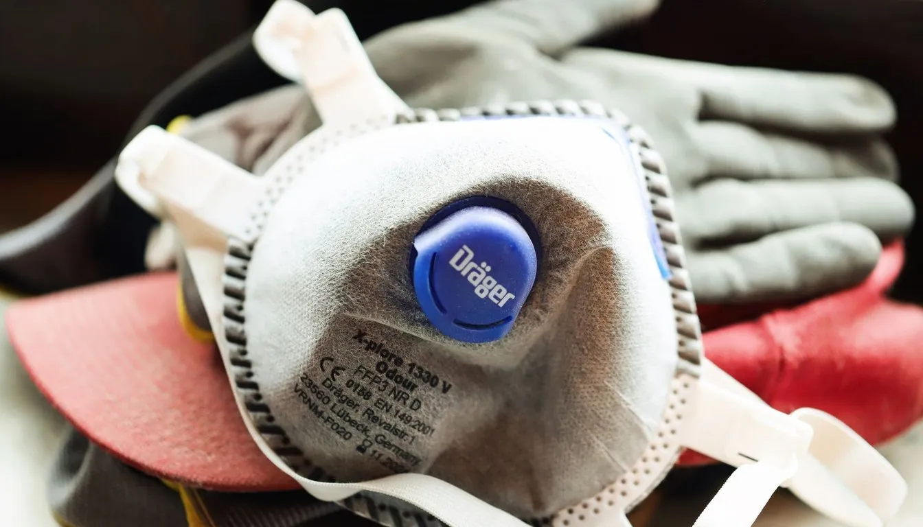 Respirator mask resting on a pair of work gloves