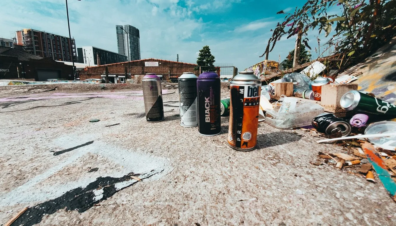 Spray paint cans scattered on a concrete lot