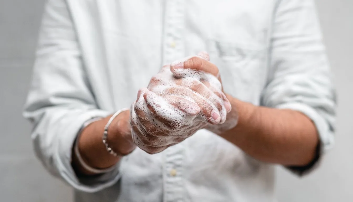 Soapy hands being scrubbed clean