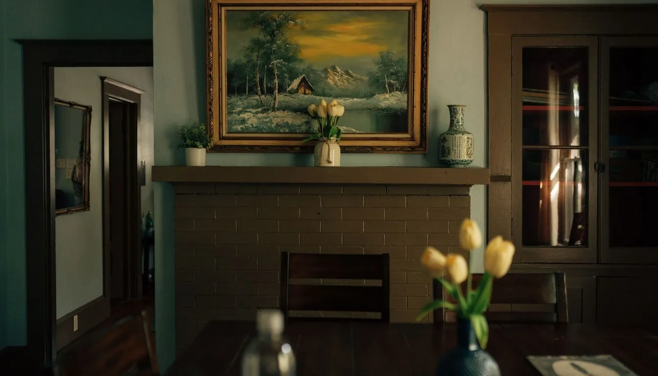 Living room with a painted brick fireplace