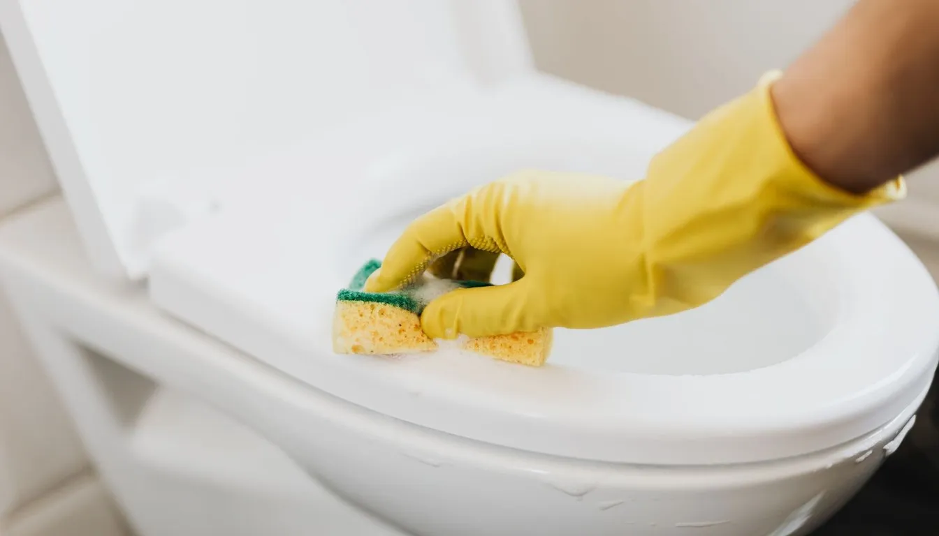 Gloved hand cleaning a toilet with a sponge