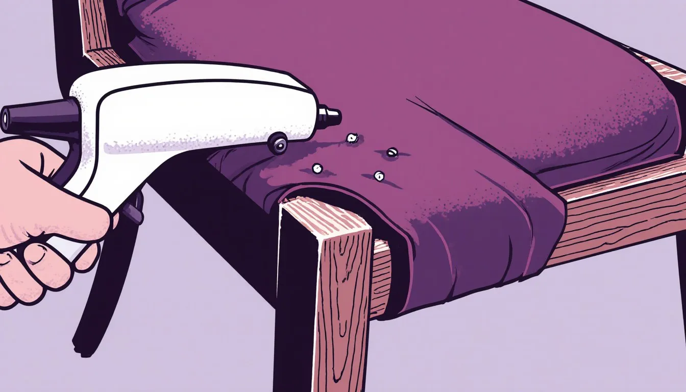 Staple gun fastening fabric to a chair seat frame
