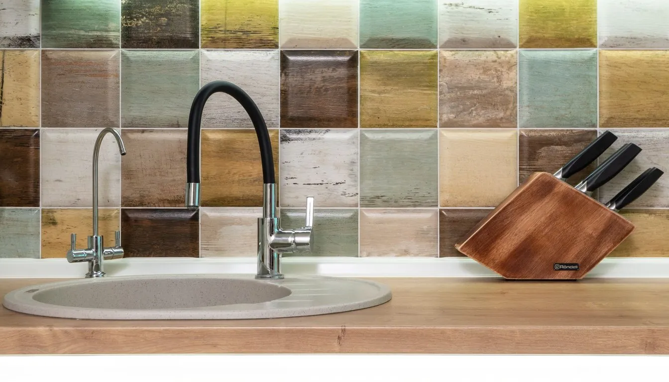 Kitchen sink and faucet with tiled backsplash