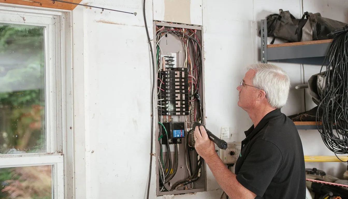 Electrician working at an open breaker panel