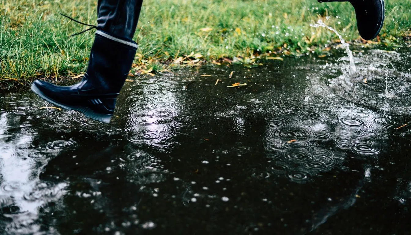 Rubber boots standing in a rain puddle
