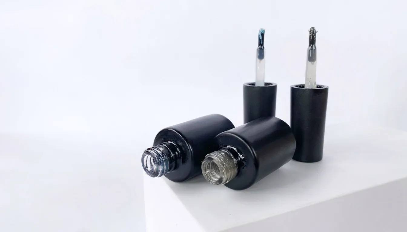 Black rubber cement bottles with applicator brush caps