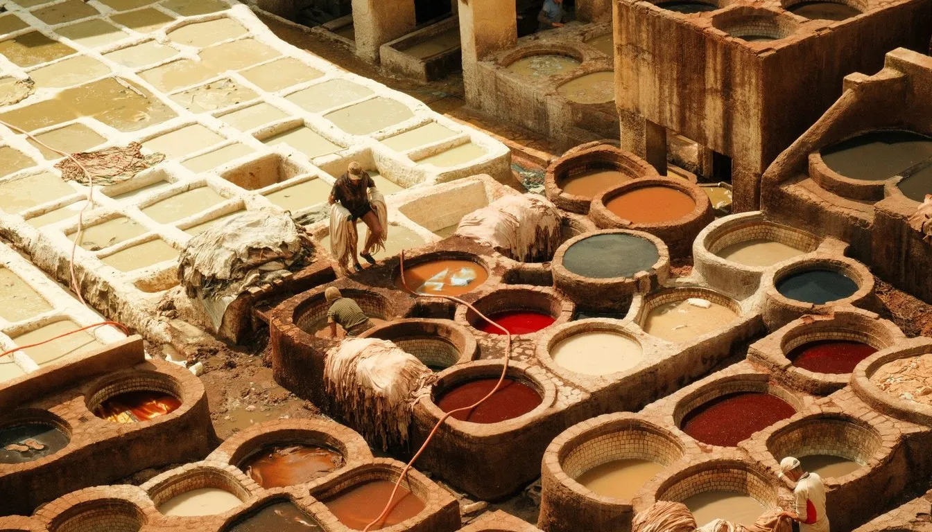 Stone dye pits filled with colored dyes at a traditional tannery