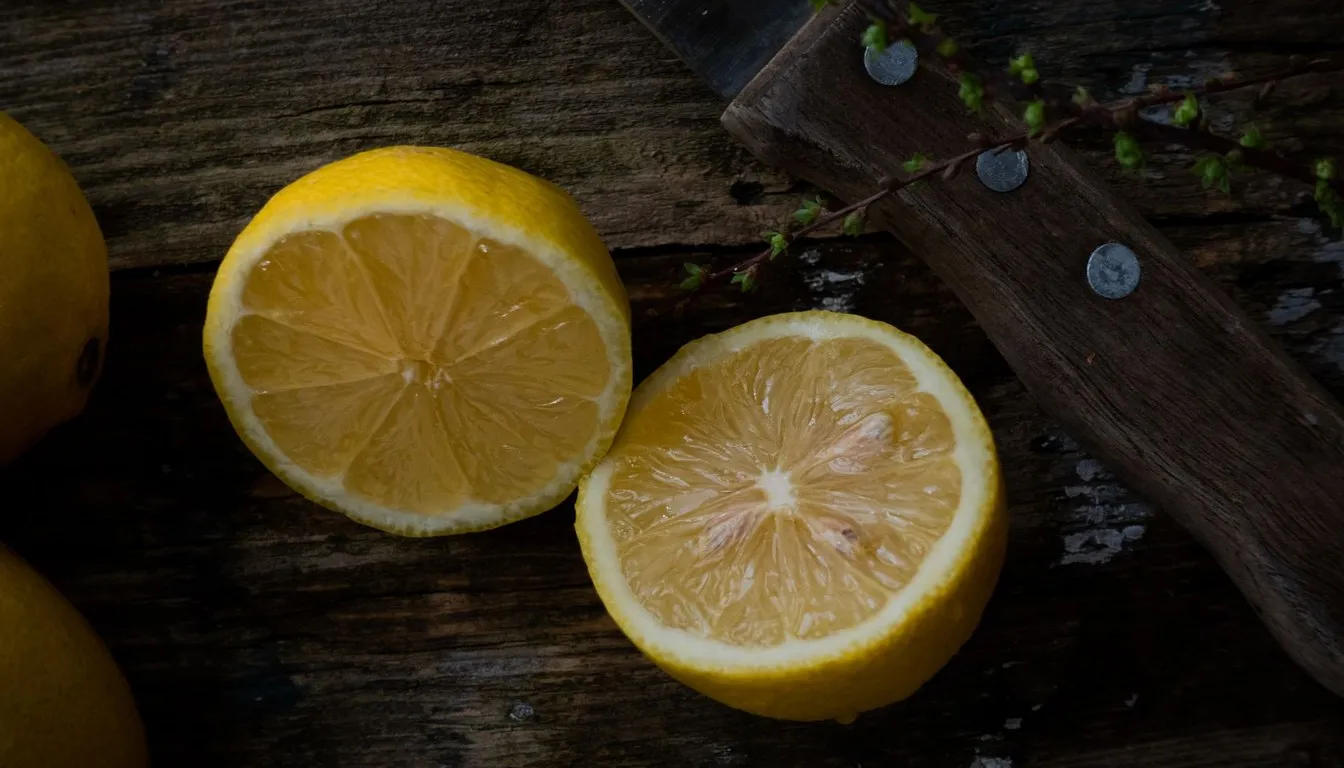 Halved lemons resting on a dark wooden board