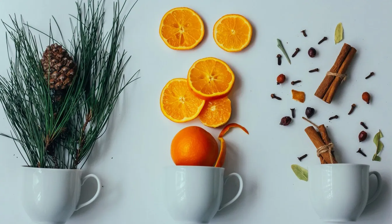 Cups holding orange slices, pine sprigs, cinnamon, and cloves