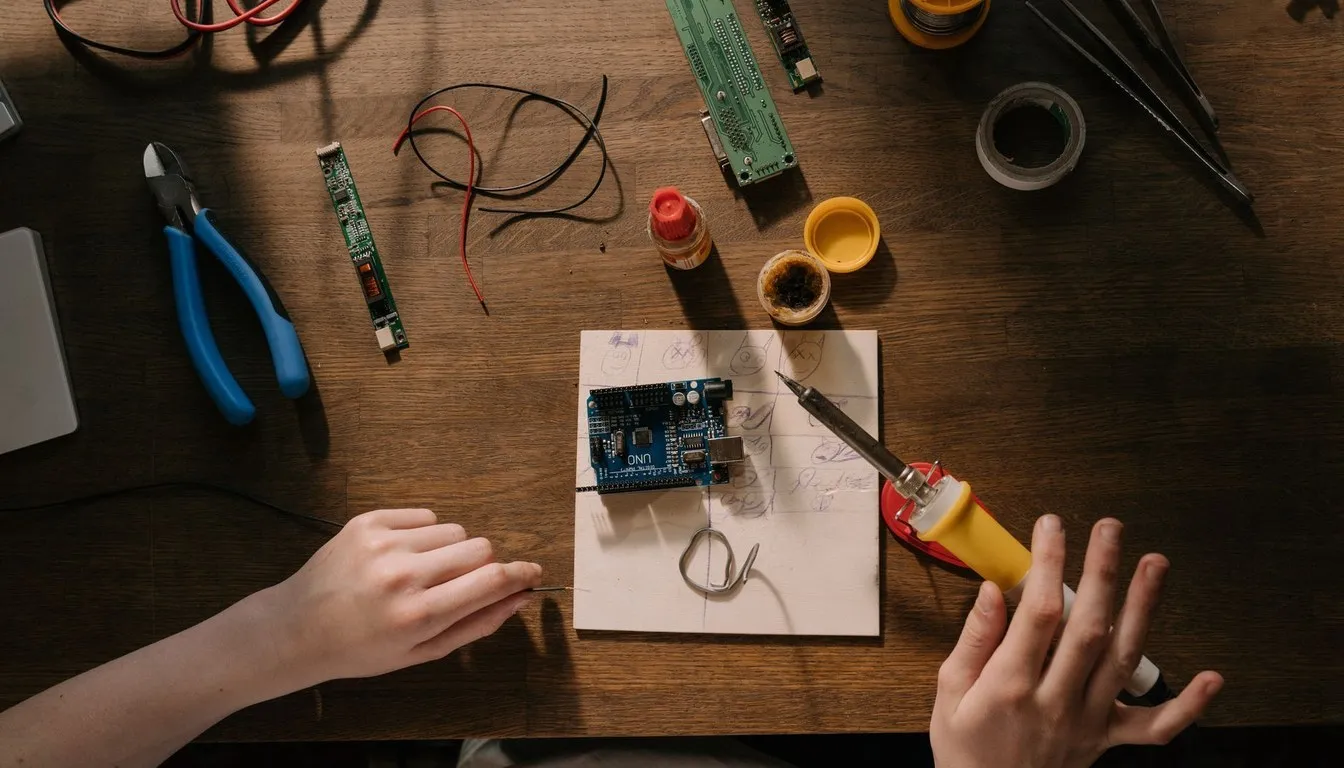 Hands soldering a circuit board on a workbench among pliers and spare parts