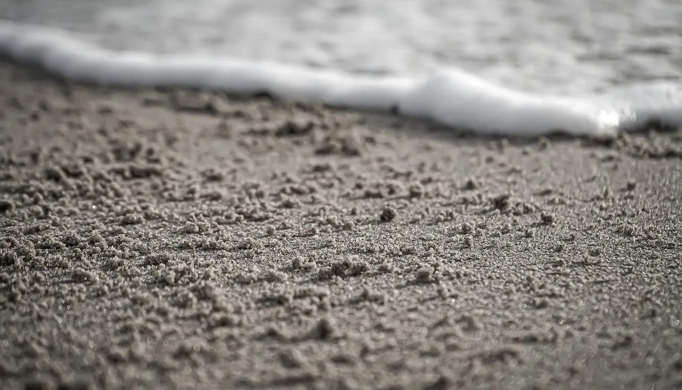 Beach sand pocked with small burrows at the tide line