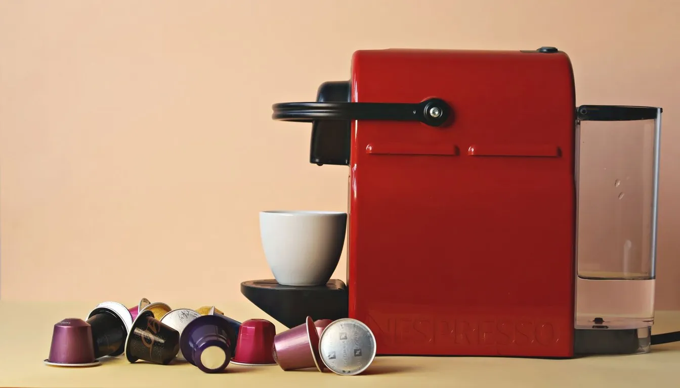 Red single-serve pod coffee machine with scattered coffee capsules