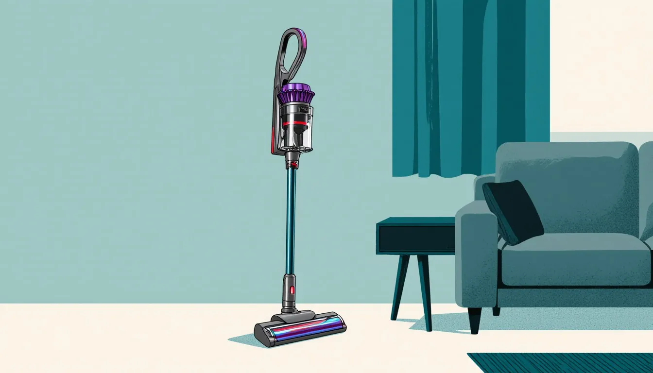 Cordless stick vacuum standing in a living room