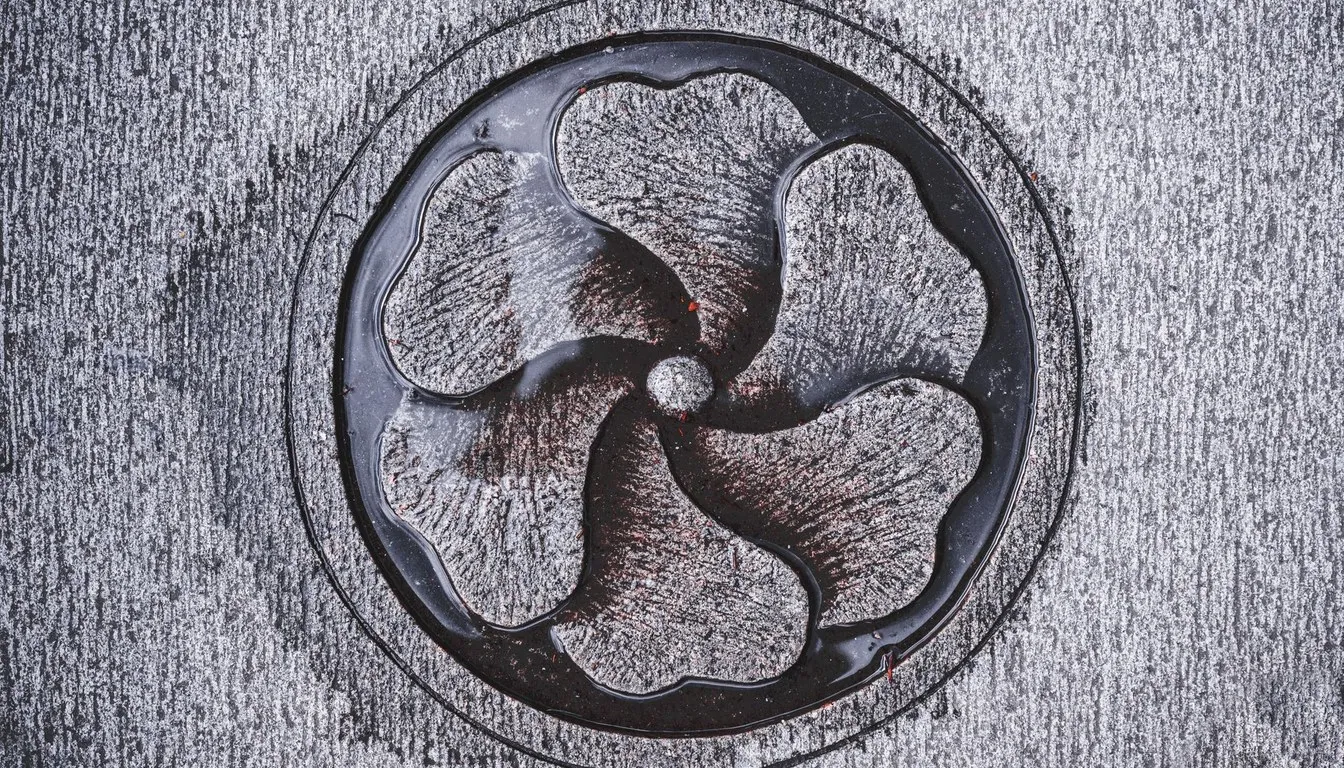 Ornate metal shower drain cover set in stone