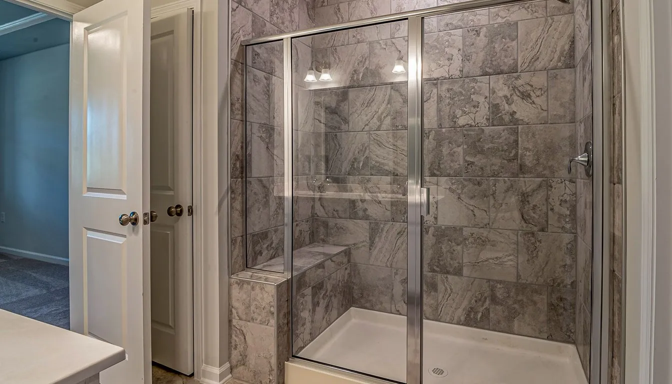 Tiled shower enclosure with a glass door