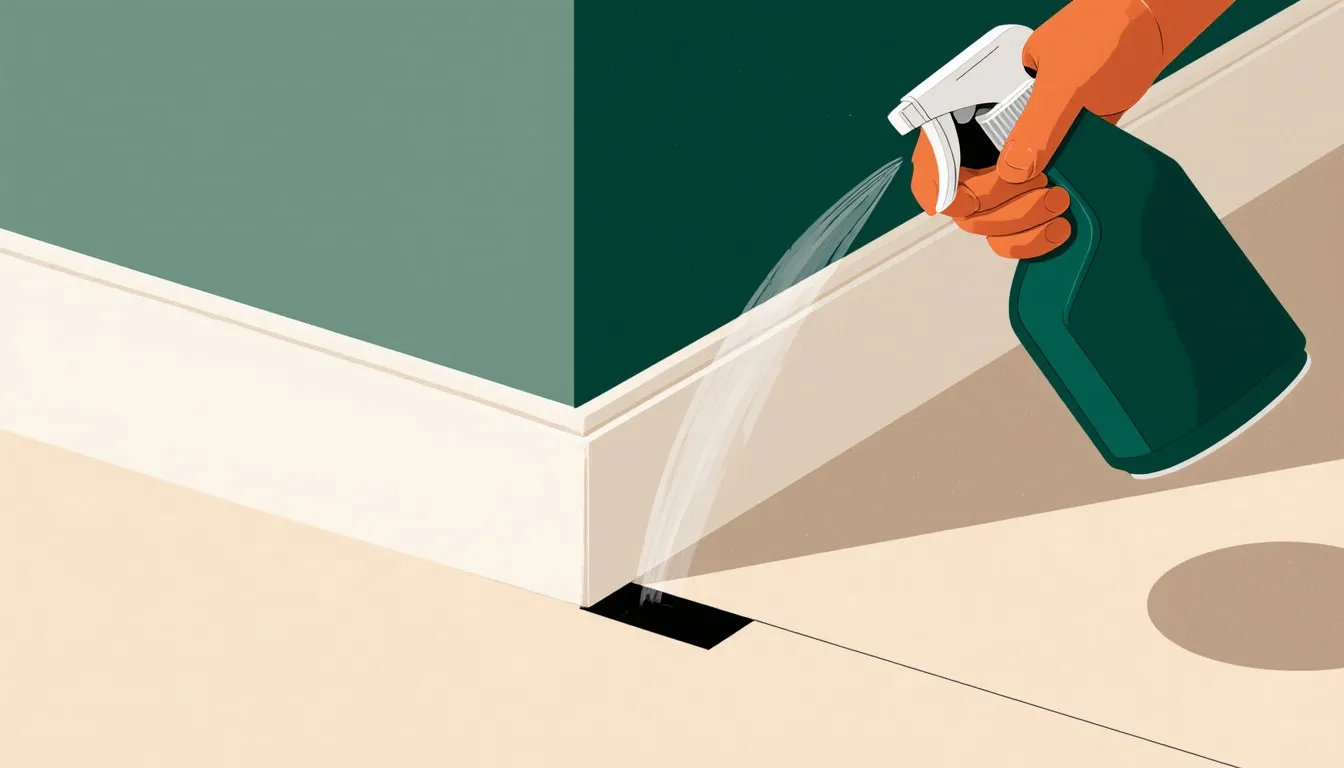 Spray being applied into a baseboard crevice