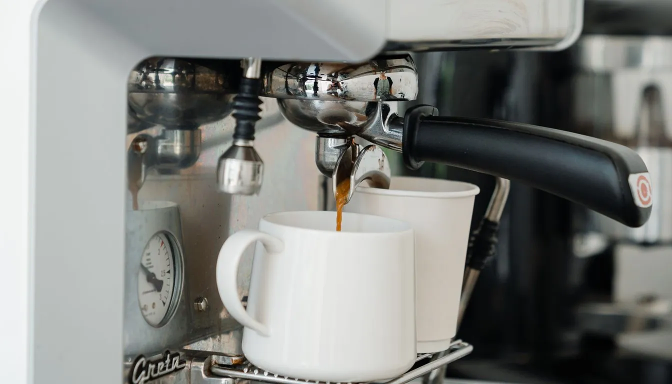 Espresso machine pouring coffee into a white cup