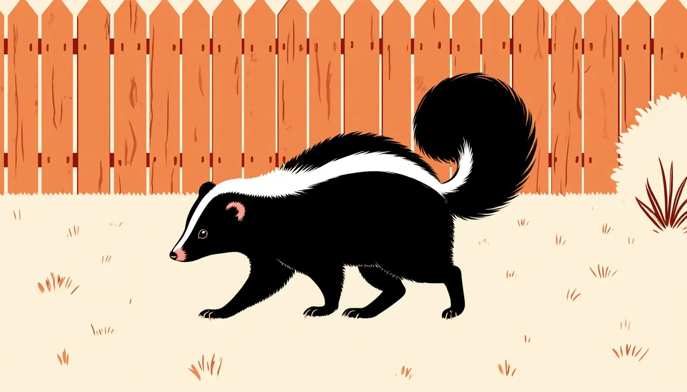 Skunk crossing a yard beside a wooden fence
