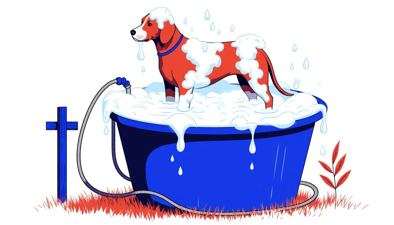 A dog being washed in a tub of suds outdoors